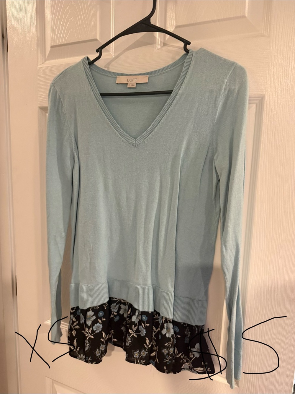 LOFT Pale Blue V-Neck Sweater with Floral Hem